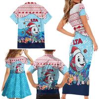 Malta Christmas Family Matching Short Sleeve Bodycon Dress and Hawaiian Shirt with Santa Fish Malta Flag Coral Reef and Red Blue Festive Pattern Design - Wonder Print Shop