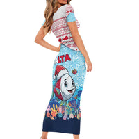 Malta Christmas Family Matching Short Sleeve Bodycon Dress and Hawaiian Shirt with Santa Fish Malta Flag Coral Reef and Red Blue Festive Pattern Design - Wonder Print Shop