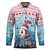Malta Christmas Hockey Jersey with Santa Fish Malta Flag Coral Reef and Red Blue Festive Pattern Design - Wonder Print Shop