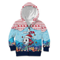 Malta Christmas Kid Hoodie with Santa Fish Malta Flag Coral Reef and Red Blue Festive Pattern Design - Wonder Print Shop