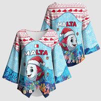 Malta Christmas Kimono Sleeve Blouse with Santa Fish Malta Flag Coral Reef and Red Blue Festive Pattern Design - Wonder Print Shop