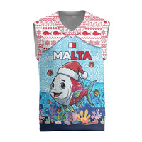 Malta Christmas Knitted V-Neck Vest with Santa Fish Malta Flag Coral Reef and Red Blue Festive Pattern Design - Wonder Print Shop