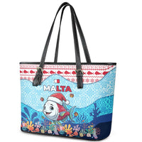 Malta Christmas Leather Tote Bag with Santa Fish Malta Flag Coral Reef and Red Blue Festive Pattern Design - Wonder Print Shop