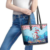 Malta Christmas Leather Tote Bag with Santa Fish Malta Flag Coral Reef and Red Blue Festive Pattern Design - Wonder Print Shop