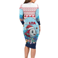 Malta Christmas Long Sleeve Bodycon Dress with Santa Fish Malta Flag Coral Reef and Red Blue Festive Pattern Design - Wonder Print Shop