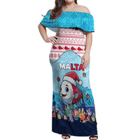 Malta Christmas Off Shoulder Maxi Dress with Santa Fish Malta Flag Coral Reef and Red Blue Festive Pattern Design - Wonder Print Shop