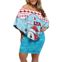 Malta Christmas Off Shoulder Short Dress with Santa Fish Malta Flag Coral Reef and Red Blue Festive Pattern Design - Wonder Print Shop