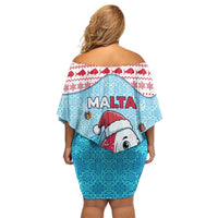 Malta Christmas Off Shoulder Short Dress with Santa Fish Malta Flag Coral Reef and Red Blue Festive Pattern Design - Wonder Print Shop