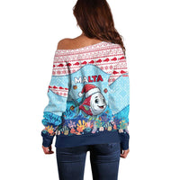 Malta Christmas Off Shoulder Sweater with Santa Fish Malta Flag Coral Reef and Red Blue Festive Pattern Design - Wonder Print Shop