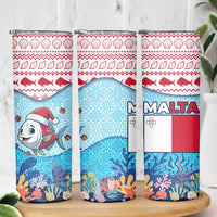 Malta Christmas Skinny Tumbler with Santa Fish Malta Flag Coral Reef and Red Blue Festive Pattern Design - Wonder Print Shop