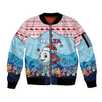 Malta Christmas Sleeve Zip Bomber Jacket with Santa Fish Malta Flag Coral Reef and Red Blue Festive Pattern Design - Wonder Print Shop