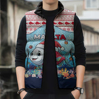 Malta Christmas Sleeveless Puffer Jacket with Santa Fish Malta Flag Coral Reef and Red Blue Festive Pattern Design - Wonder Print Shop