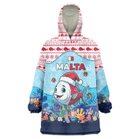 Malta Christmas Wearable Blanket Hoodie with Santa Fish Malta Flag Coral Reef and Red Blue Festive Pattern Design - Wonder Print Shop