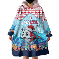 Malta Christmas Wearable Blanket Hoodie with Santa Fish Malta Flag Coral Reef and Red Blue Festive Pattern Design - Wonder Print Shop