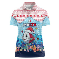 Malta Christmas Women Polo Shirt with Santa Fish Malta Flag Coral Reef and Red Blue Festive Pattern Design - Wonder Print Shop