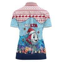 Malta Christmas Women Polo Shirt with Santa Fish Malta Flag Coral Reef and Red Blue Festive Pattern Design - Wonder Print Shop