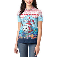 Malta Christmas Women Polo Shirt with Santa Fish Malta Flag Coral Reef and Red Blue Festive Pattern Design - Wonder Print Shop