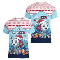 Malta Christmas Women V-Neck T-Shirt with Santa Fish Malta Flag Coral Reef and Red Blue Festive Pattern Design - Wonder Print Shop