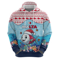 Malta Christmas Zip Hoodie with Santa Fish Malta Flag Coral Reef and Red Blue Festive Pattern Design - Wonder Print Shop