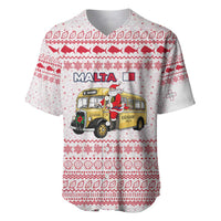 Malta Christmas Baseball Jersey with Santa Driving Vintage Bus Malta Flag and Red White Festive Pattern Design - Wonder Print Shop