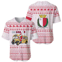 Malta Christmas Baseball Jersey with Santa Driving Vintage Bus Malta Flag and Red White Festive Pattern Design - Wonder Print Shop
