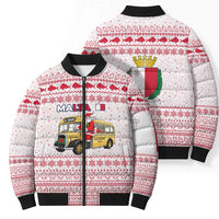 Malta Christmas Bomber Puffer Jacket with Santa Driving Vintage Bus Malta Flag and Red White Festive Pattern Design - Wonder Print Shop