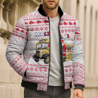 Malta Christmas Bomber Puffer Jacket with Santa Driving Vintage Bus Malta Flag and Red White Festive Pattern Design - Wonder Print Shop