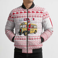 Malta Christmas Bomber Puffer Jacket with Santa Driving Vintage Bus Malta Flag and Red White Festive Pattern Design - Wonder Print Shop