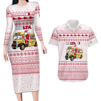Malta Christmas Couples Matching Long Sleeve Bodycon Dress and Hawaiian Shirt with Santa Driving Vintage Bus Malta Flag and Red White Festive Pattern Design - Wonder Print Shop