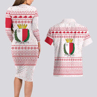Malta Christmas Couples Matching Long Sleeve Bodycon Dress and Hawaiian Shirt with Santa Driving Vintage Bus Malta Flag and Red White Festive Pattern Design - Wonder Print Shop