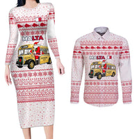 Malta Christmas Couples Matching Long Sleeve Bodycon Dress and Long Sleeve Button Shirt with Santa Driving Vintage Bus Malta Flag and Red White Festive Pattern Design - Wonder Print Shop