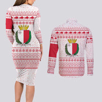 Malta Christmas Couples Matching Long Sleeve Bodycon Dress and Long Sleeve Button Shirt with Santa Driving Vintage Bus Malta Flag and Red White Festive Pattern Design - Wonder Print Shop