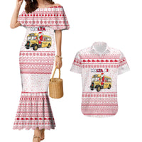 Malta Christmas Couples Matching Mermaid Dress and Hawaiian Shirt with Santa Driving Vintage Bus Malta Flag and Red White Festive Pattern Design - Wonder Print Shop