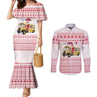 Malta Christmas Couples Matching Mermaid Dress and Long Sleeve Button Shirt with Santa Driving Vintage Bus Malta Flag and Red White Festive Pattern Design - Wonder Print Shop