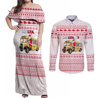 Malta Christmas Couples Matching Off Shoulder Maxi Dress and Long Sleeve Button Shirt with Santa Driving Vintage Bus Malta Flag and Red White Festive Pattern Design - Wonder Print Shop