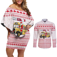 Malta Christmas Couples Matching Off Shoulder Short Dress and Long Sleeve Button Shirt with Santa Driving Vintage Bus Malta Flag and Red White Festive Pattern Design - Wonder Print Shop