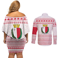 Malta Christmas Couples Matching Off Shoulder Short Dress and Long Sleeve Button Shirt with Santa Driving Vintage Bus Malta Flag and Red White Festive Pattern Design - Wonder Print Shop