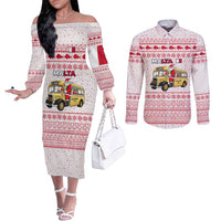 Malta Christmas Couples Matching Off The Shoulder Long Sleeve Dress and Long Sleeve Button Shirt with Santa Driving Vintage Bus Malta Flag and Red White Festive Pattern Design - Wonder Print Shop