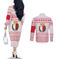 Malta Christmas Couples Matching Off The Shoulder Long Sleeve Dress and Long Sleeve Button Shirt with Santa Driving Vintage Bus Malta Flag and Red White Festive Pattern Design - Wonder Print Shop