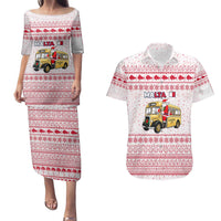 Malta Christmas Couples Matching Puletasi and Hawaiian Shirt with Santa Driving Vintage Bus Malta Flag and Red White Festive Pattern Design - Wonder Print Shop