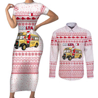 Malta Christmas Couples Matching Short Sleeve Bodycon Dress and Long Sleeve Button Shirt with Santa Driving Vintage Bus Malta Flag and Red White Festive Pattern Design - Wonder Print Shop