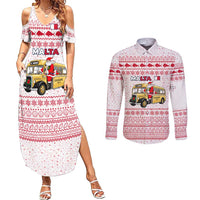 Malta Christmas Couples Matching Summer Maxi Dress and Long Sleeve Button Shirt with Santa Driving Vintage Bus Malta Flag and Red White Festive Pattern Design - Wonder Print Shop