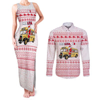 Malta Christmas Couples Matching Tank Maxi Dress and Long Sleeve Button Shirt with Santa Driving Vintage Bus Malta Flag and Red White Festive Pattern Design - Wonder Print Shop