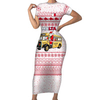 Malta Christmas Family Matching Short Sleeve Bodycon Dress and Hawaiian Shirt with Santa Driving Vintage Bus Malta Flag and Red White Festive Pattern Design - Wonder Print Shop