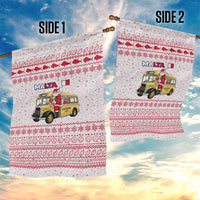 Malta Christmas Garden Flag with Santa Driving Vintage Bus Malta Flag and Red White Festive Pattern Design - Wonder Print Shop