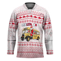 Malta Christmas Hockey Jersey with Santa Driving Vintage Bus Malta Flag and Red White Festive Pattern Design - Wonder Print Shop