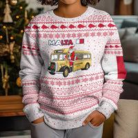 Malta Christmas Kid Ugly Christmas Sweater with Santa Driving Vintage Bus Malta Flag and Red White Festive Pattern Design - Wonder Print Shop