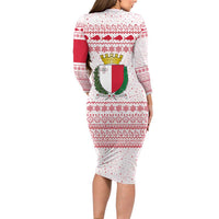 Malta Christmas Long Sleeve Bodycon Dress with Santa Driving Vintage Bus Malta Flag and Red White Festive Pattern Design - Wonder Print Shop