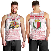 Malta Christmas Men Tank Top with Santa Driving Vintage Bus Malta Flag and Red White Festive Pattern Design - Wonder Print Shop