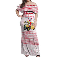 Malta Christmas Off Shoulder Maxi Dress with Santa Driving Vintage Bus Malta Flag and Red White Festive Pattern Design - Wonder Print Shop